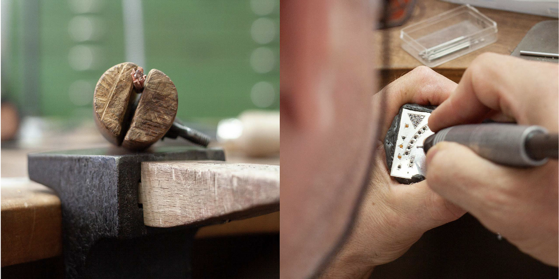 zweigeteiltes Bild: links wird ein rosafarbener Edelstein in einer Klemme aus Holz gehalten, rechts schauen wir einem Menschen über die Schulter, der ein Schmuckstück mit Edelsteinen mit einem Werkzeug bearbeitet