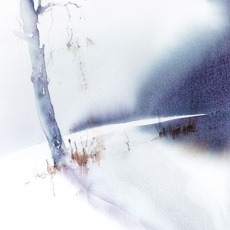 Ein See, ein Baum und eine Hintergrundlandschaft sind in einer hellblauen bis schwarzen Wasserfarbe leicht minimalistisch gemalt.