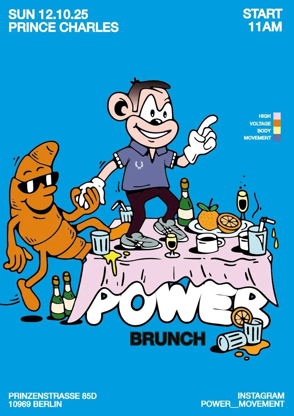 Comic Figur mit einem lebensgroßen Croissant an der Hand tanzt auf einem gedeckten Tisch, knallig blauer Hintergrund