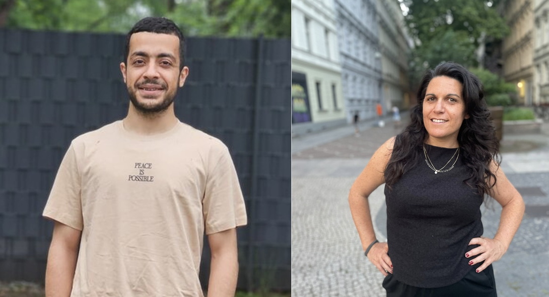 zwei Porträtfotos nebeneinander, ein junger Mann mit kurzen dunklen Haaren und Bart und eine junge Frau mit langen dunklen Haaren, die die Hände in die Hüften stützt