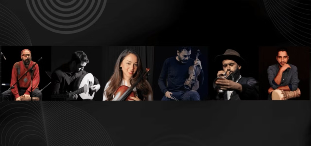 Porträts von 6 Musiker:innen mit ihrem Instrument in einer Reihe angeordnet