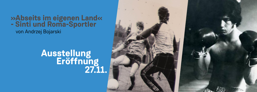 Collage aus zwei schwarz-weiß Bildern, die junge Sportler zeigen, daneben eine blaue Fläche mit weißer Schrift