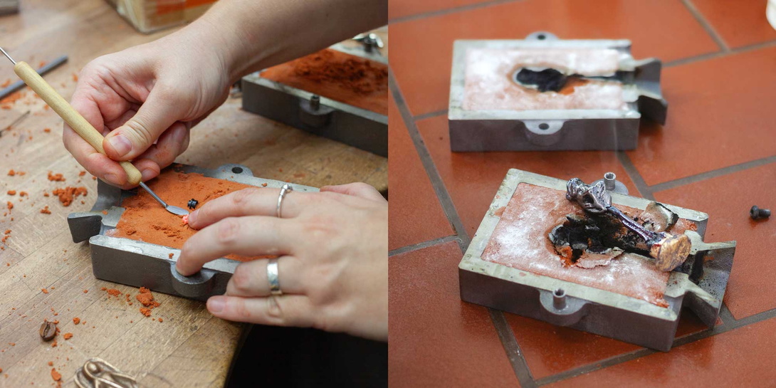 zwei Fotos nebeneinander, links bearbeiten Hände eine Form mit Sand, rechts ist ein Objekt aus der Form herausgelöst