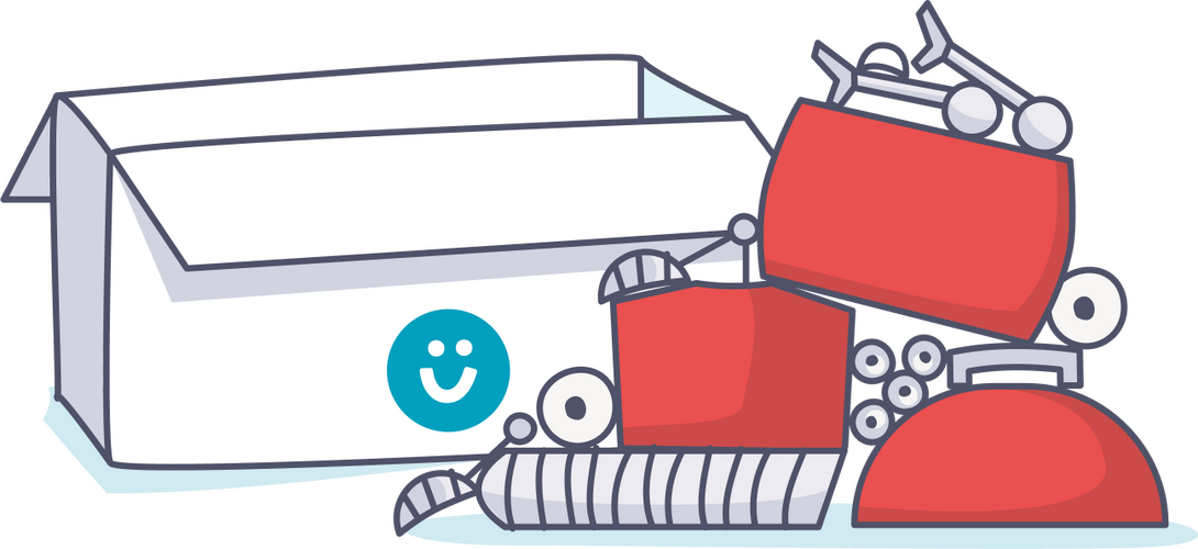 Grafik, ein leerer Karton mit dem TüftelLab Smiley auf der Seite, daneben ein Haufen Material