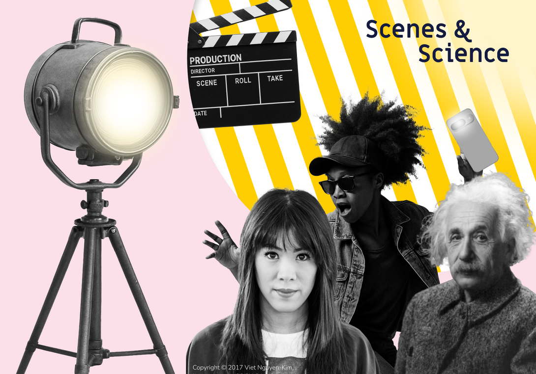 Collage mit Bildern von einem Scheinwerfer, einer Filmklappe, einem Bild von Einstein und einem von Mai Thi Nguyen-Kim