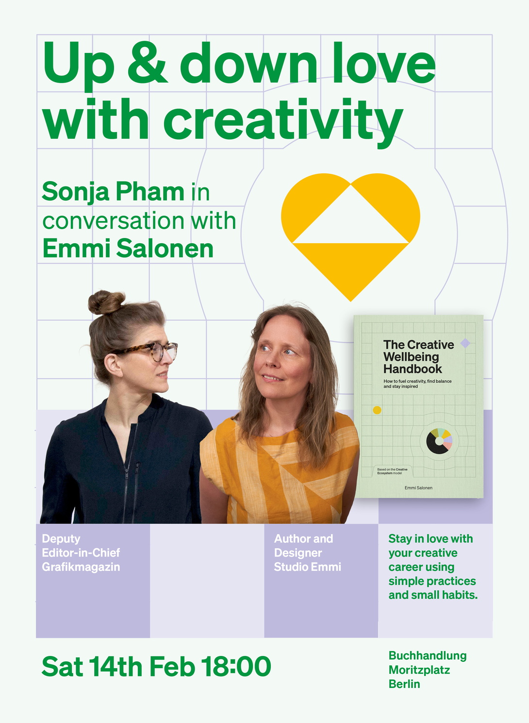 Grafisches Plakat in Grüntönen mit hellem Lila, in der Mitte die Porträts zweier mittelalter Personen, beide weiblich gelesen