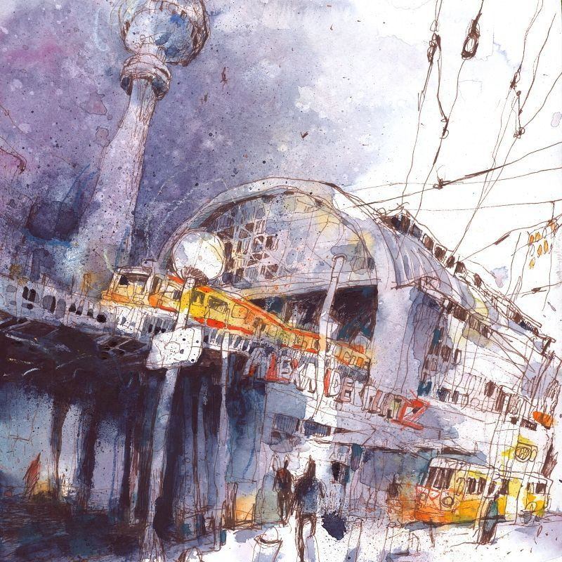 Aquarell des Bahnhofs Alexanderplatz, im Hintergrund der Fernsehturm