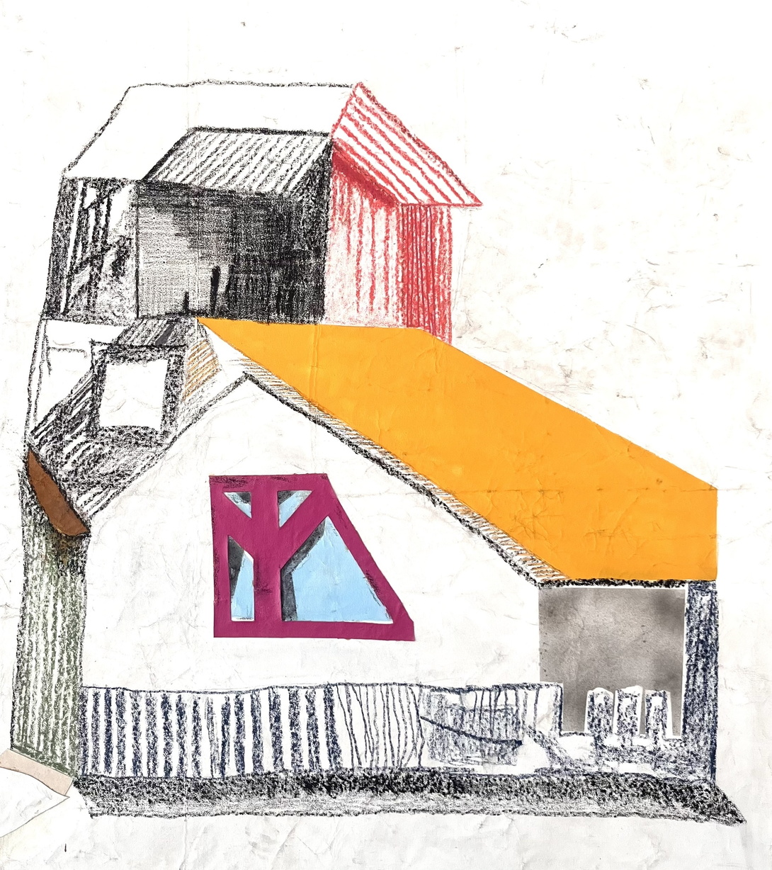 Collage eines Hauses aus unterschiedlichen Materialien und mit unterschiedlichen Farben, nicht realistische Darstellung von Fluchtpunkten etc