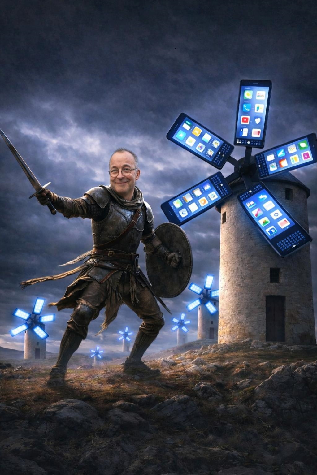 generiertes Bild, Don Quichote mit dem Gesicht Johannes Dirschauers mit Schwert und Schild, im Hintergrund eine Windmühle, deren Flügel aus Smartphones bestehen