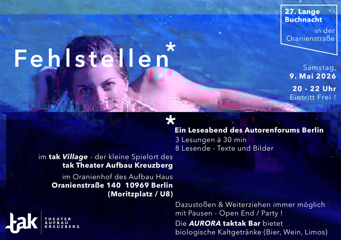 zweigeteiltes Plakat, oben ein angeschnittenes Foto von einer Frau im Pool, unten dunkler Hintergrund mit heller Schrift, Veranstaltungsankündigung