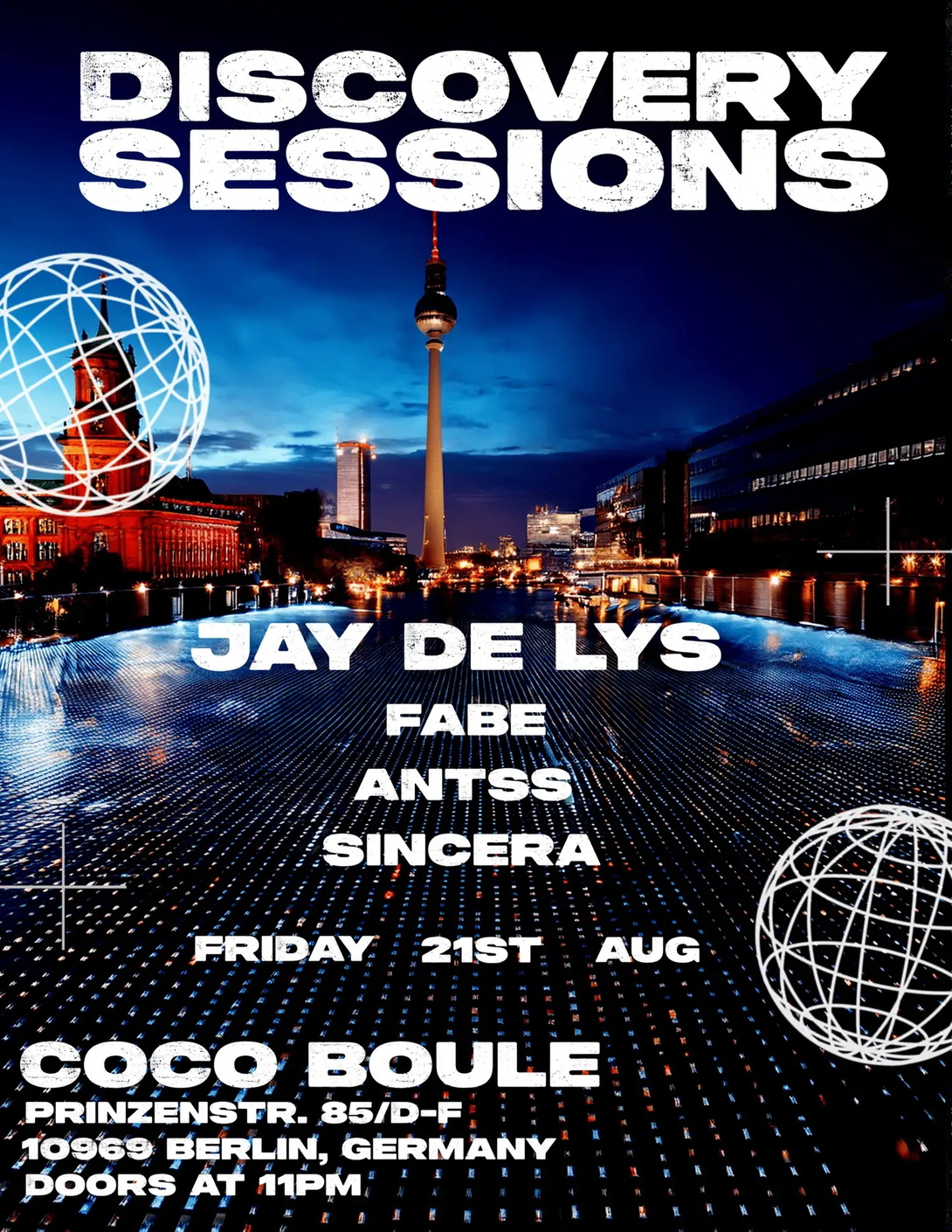 Die Eventankündigung zeigt ein Nachtbild von Berlin mit Titel „Discovery Sessions“, Namen von drei DJs sowie Ort und Datum