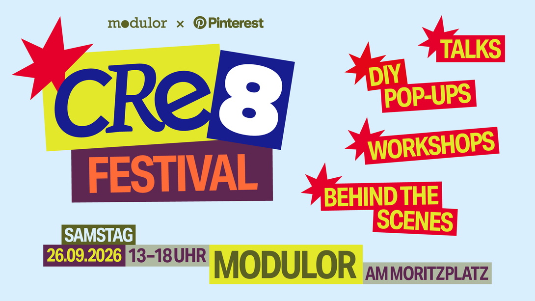 Grafisches Banner mit großem Schriftzug CRe8 Festival, Programminhalte wie Workshops oder Talks rot hinterlegt