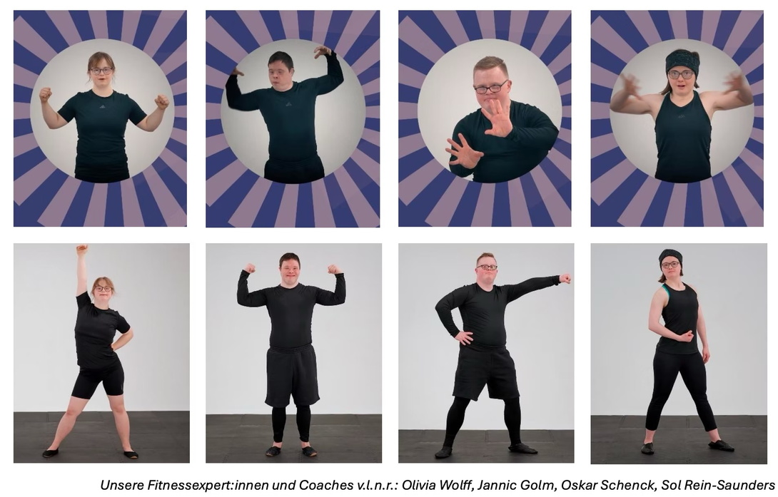Collage aus 8 Bildern, oben jeweils ein Porträt in einem runden, lilafarbenen Rahmen, darunter Ganzkörperaufnahmen von Menschen in schwarzer Kleidung in sportlichen Posen