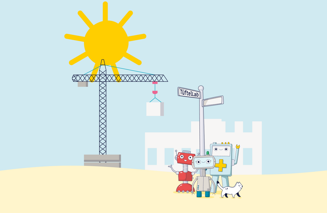 Grafik, drei humanoide Roboter stehen unter einem Straßenschild, das zum TüftelLab weist, im Hintergrund eine urbane Szene mit einem Haus und einem Baukran und einer großen gelben Sonne im hellblauen Himmel
